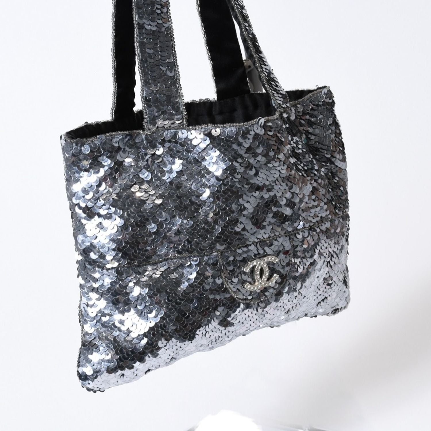 Chanel Sequin Handbag CC Logo Rhinestone Silver Clear — view 3