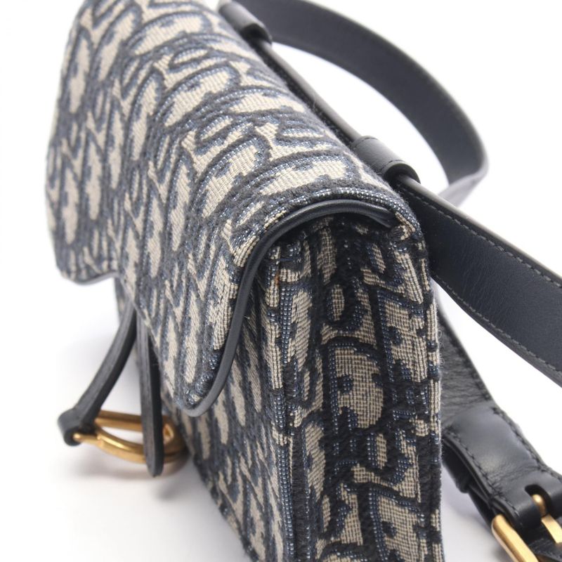 Dior Waist Bag Saddle Oblique Navy Canvas Leather Flat Navy. Beige