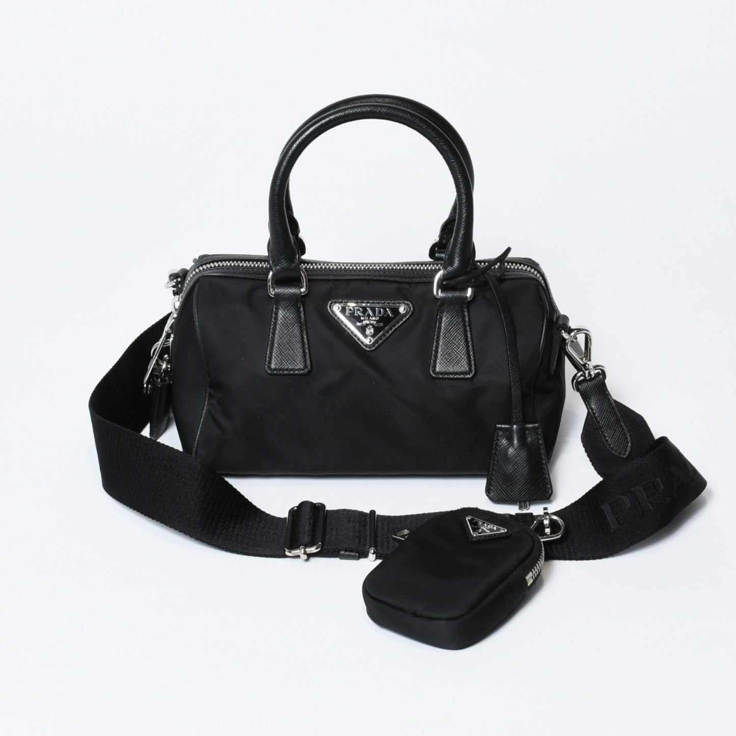 Prada Triangle Logo Shoulder Bag Black Leather Jacquard Silver