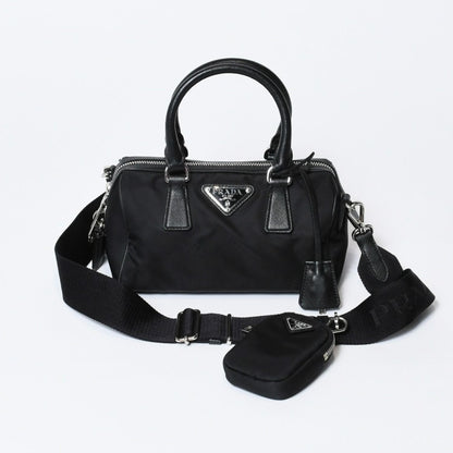 Prada Triangle Logo Shoulder Bag Black Leather Jacquard Silver