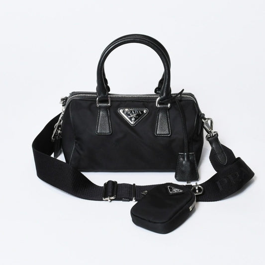 Prada Triangle Logo Shoulder Bag Black Leather Jacquard Silver