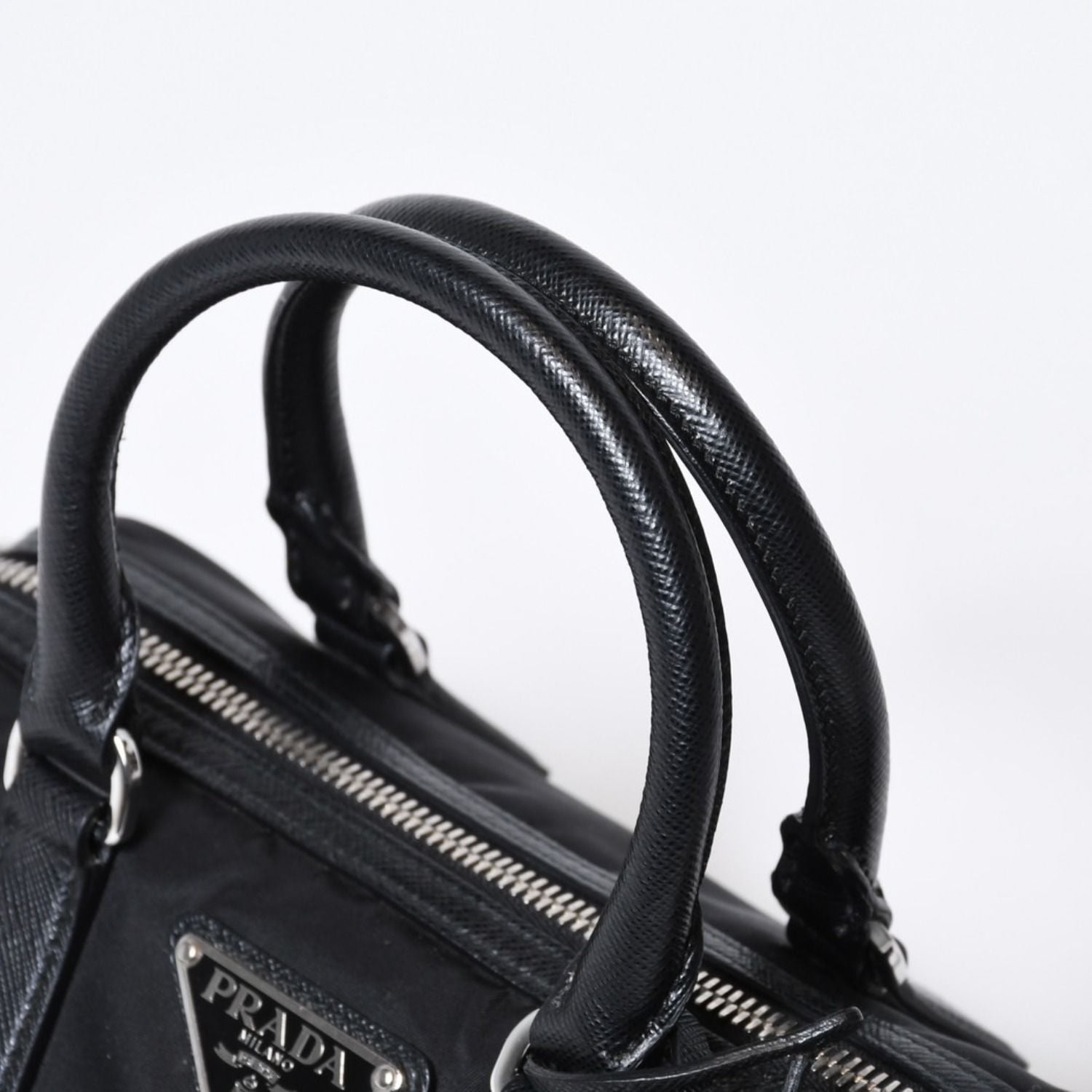 Prada Triangle Logo Shoulder Bag Black Leather Jacquard Silver — view 5