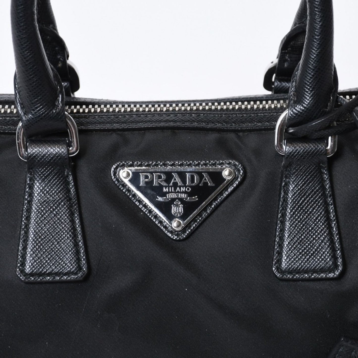 Prada Triangle Logo Shoulder Bag Black Leather Jacquard Silver — view 6