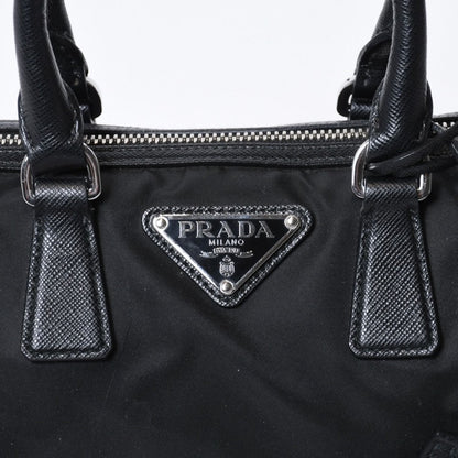 Prada Triangle Logo Shoulder Bag Black Leather Jacquard Silver — view 6