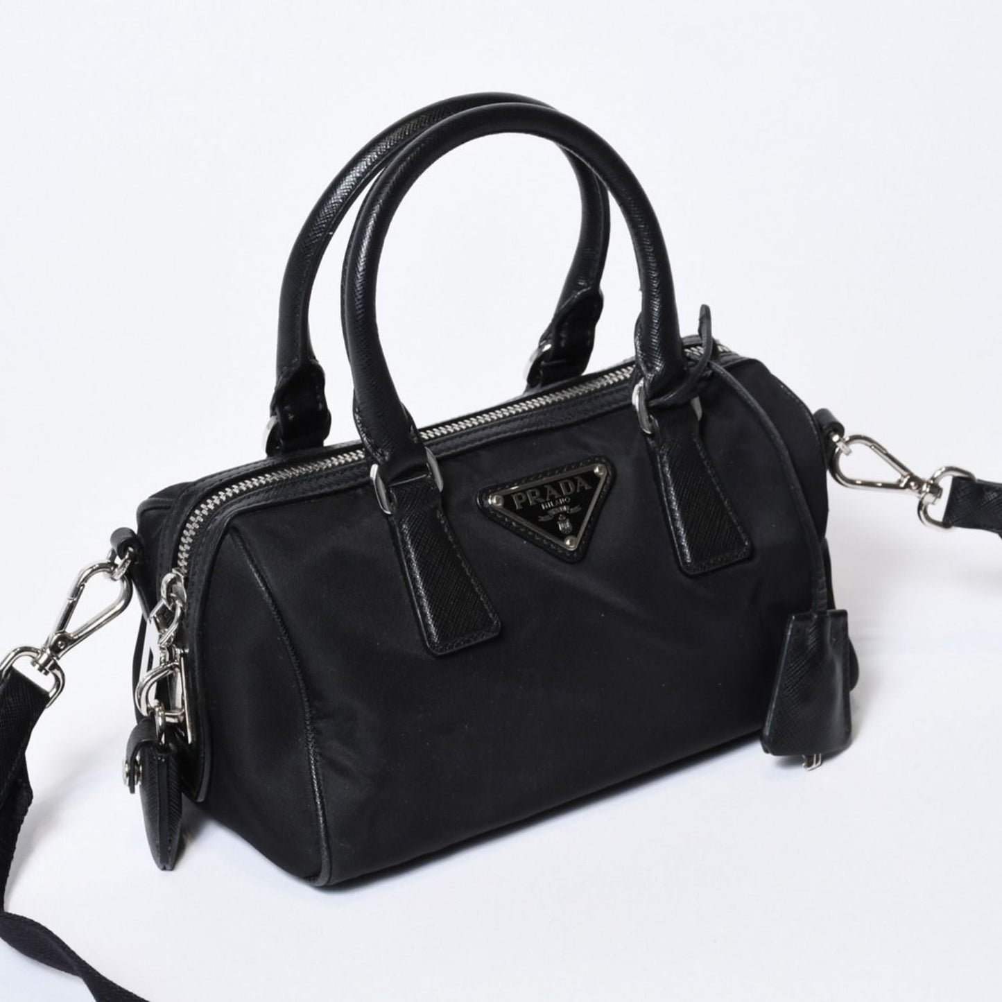 Prada Triangle Logo Shoulder Bag Black Leather Jacquard Silver — view 3