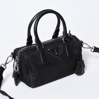 Prada Triangle Logo Shoulder Bag Black Leather Jacquard Silver — view 3