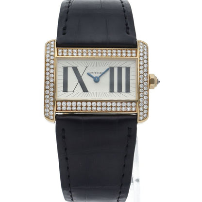 Cartier Mini Tank Divan Watch Diamond Bezel 18K Yellow Gold Leather