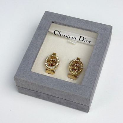 Dior Logo Rhinestone Earrings Oval CD Gold Plated
