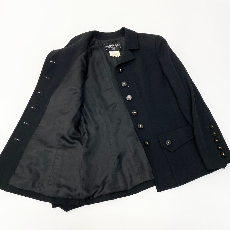 Chanel C Vintage Skirt Set Tailored Jacket 40 Black Silk