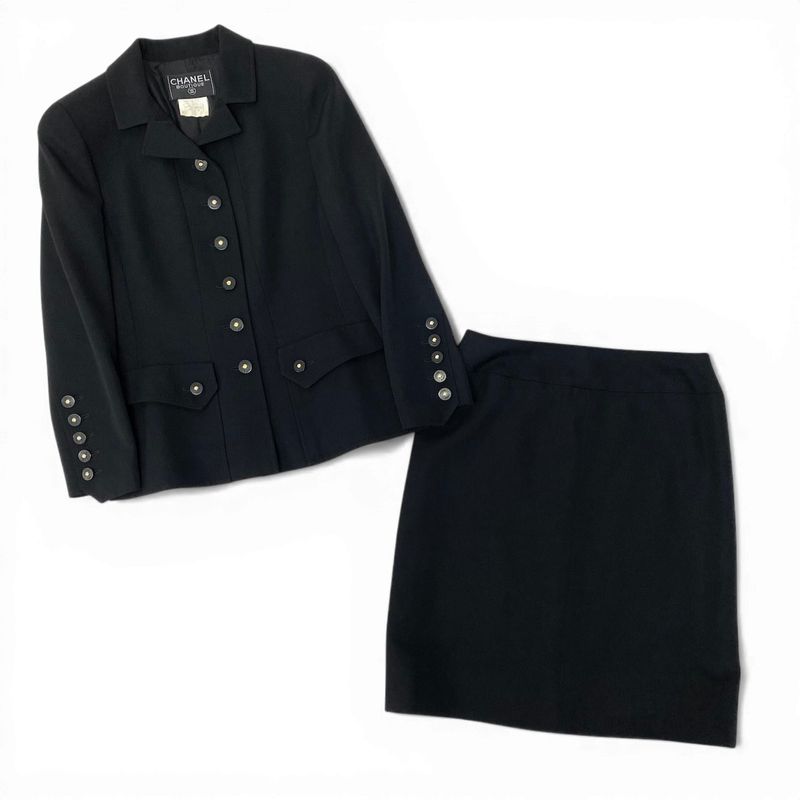 Chanel C Vintage Skirt Set Tailored Jacket 40 Black Silk