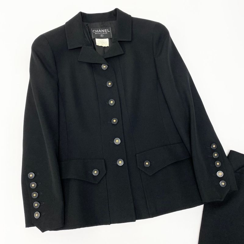 Chanel C Vintage Skirt Set Tailored Jacket 40 Black Silk