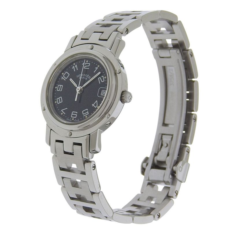 Hermes Clipper Stainless Steel Quartz Analog Display Black Dial Watch