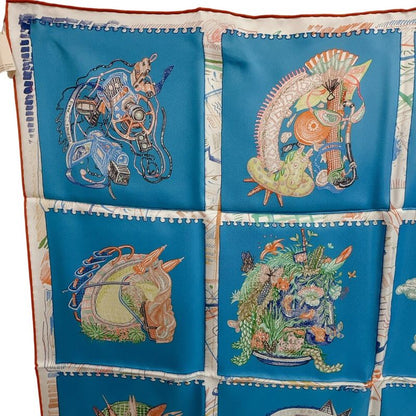 Hermes Shawl Carre 90 Chevaloscope Silk Scarf Blue