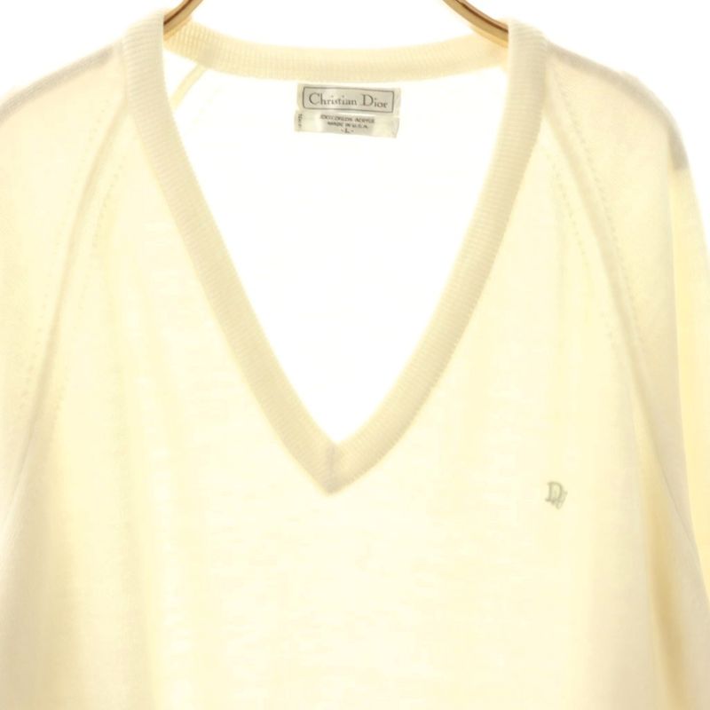 Dior Usa Knit Long Sleeve V-neck Logo Embroidery Sweater L White