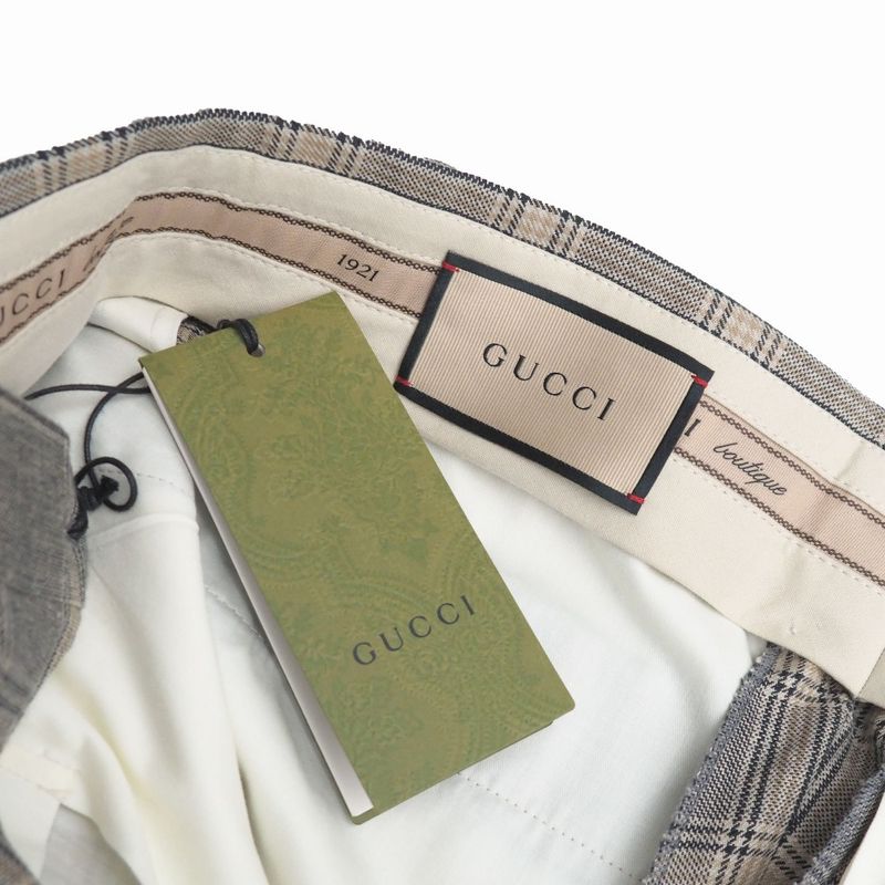 Gucci Pants 44 Check Trousers Pleated Beige Gray