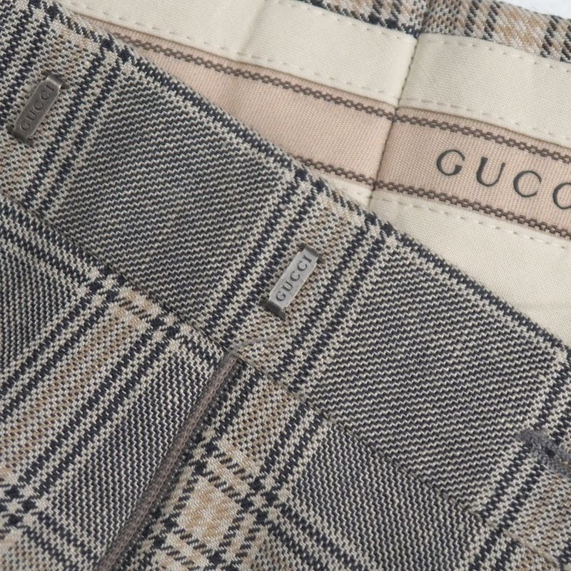 Gucci Pants 44 Check Trousers Pleated Beige Gray