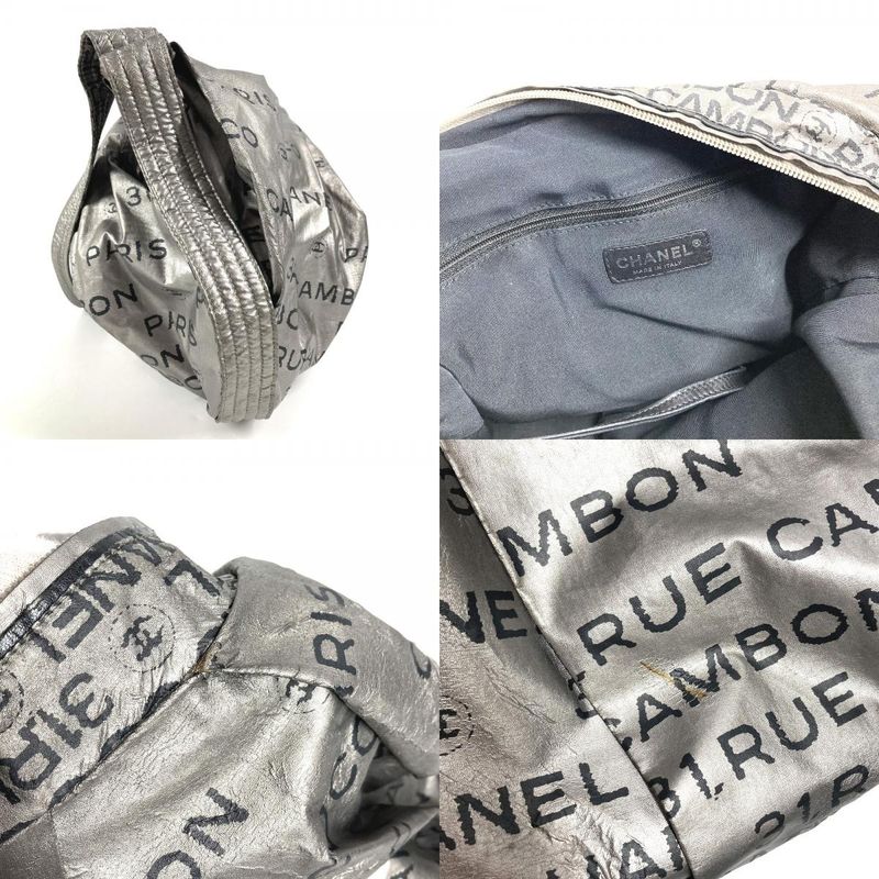 Chanel Shoulder Bag Logo Nylon Canvas Silver Black