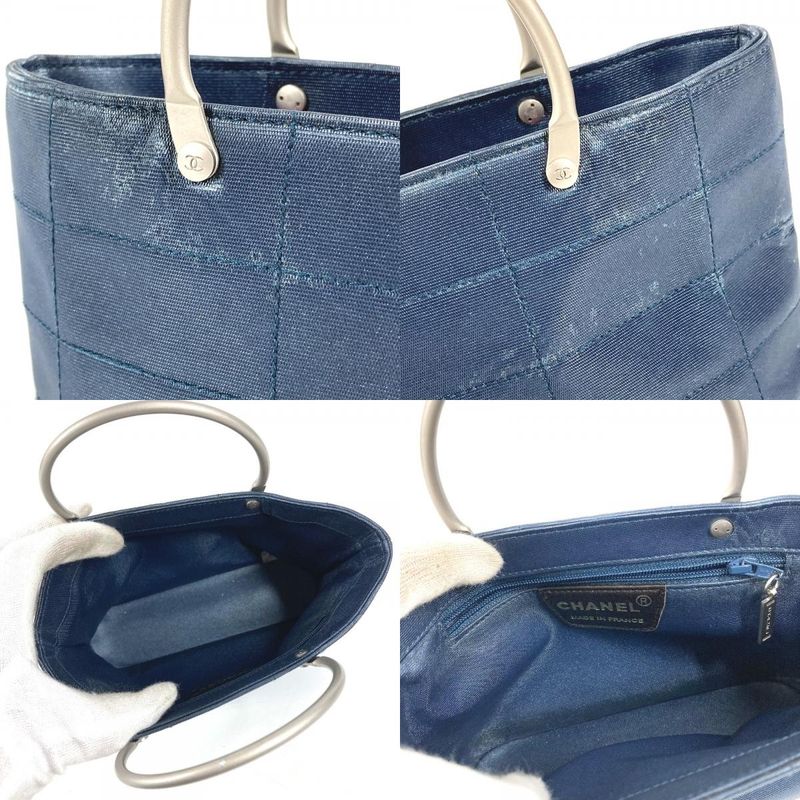 Chanel Handbag Metal Handle Nylon Canvas Blue