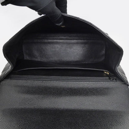 Chanel Quilted Top Handle Black Gold Caviar Leather Handbag