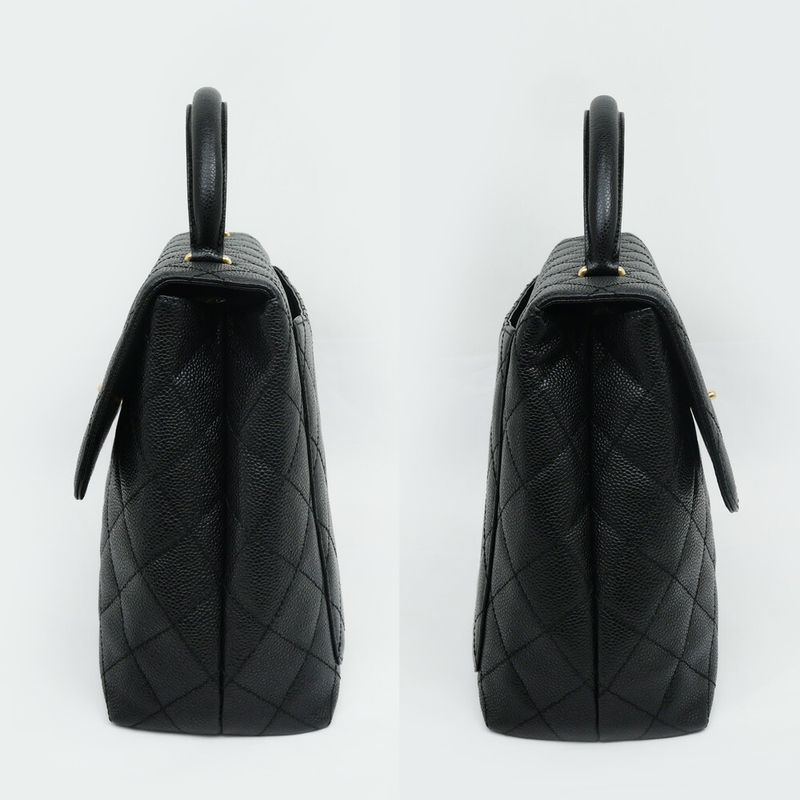 Chanel Quilted Top Handle Black Gold Caviar Leather Handbag