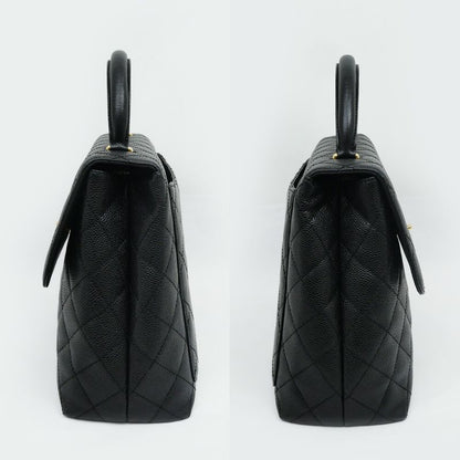 Chanel Quilted Top Handle Black Gold Caviar Leather Handbag
