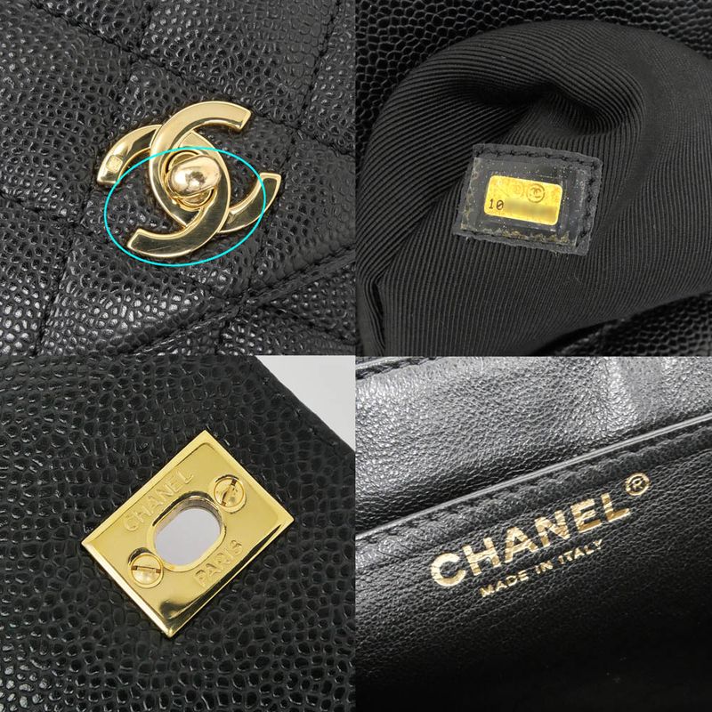 Chanel Quilted Top Handle Black Gold Caviar Leather Handbag