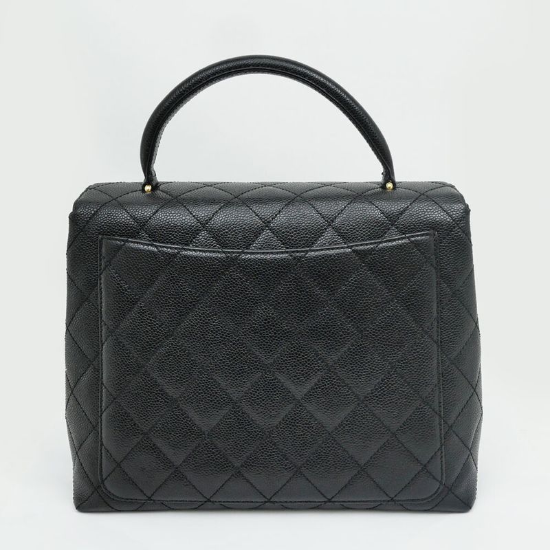 Chanel Quilted Top Handle Black Gold Caviar Leather Handbag