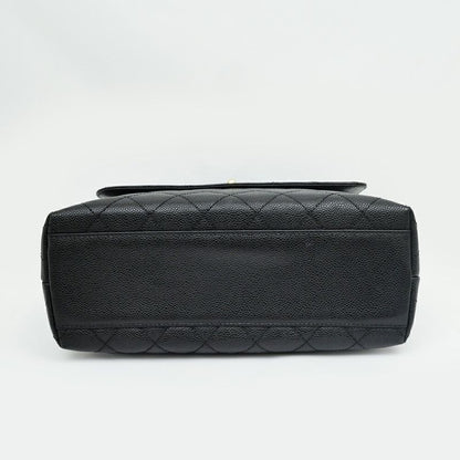 Chanel Quilted Top Handle Black Gold Caviar Leather Handbag