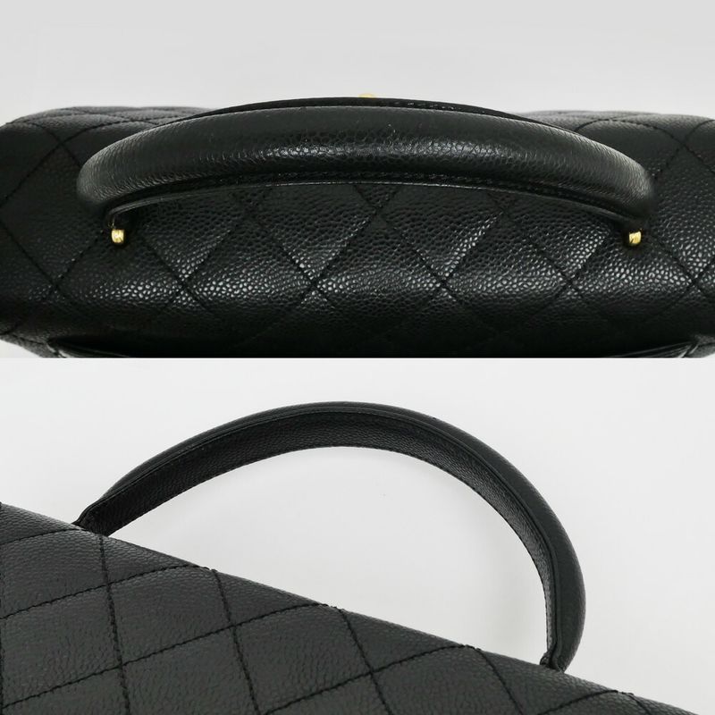 Chanel Quilted Top Handle Black Gold Caviar Leather Handbag