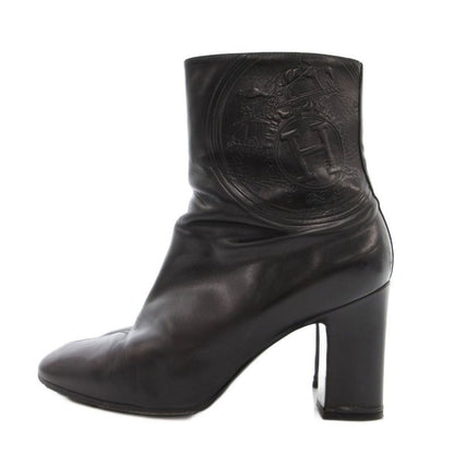 Hermes Exlibris Short Boots Embossed Logo Side Zip 38 Black YJ