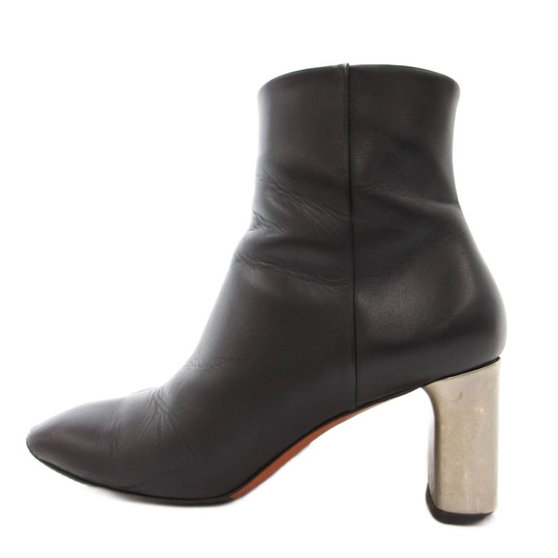 Celine Banban Short Boots Square Toe Side Zip Metal Heel 37.5 Black Silver YJ
