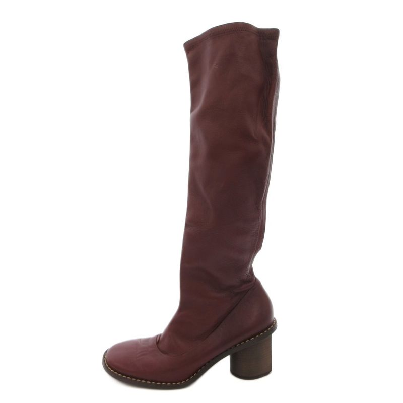 Celine Long Boots Leather Side Zip 37 Gold Bordeaux