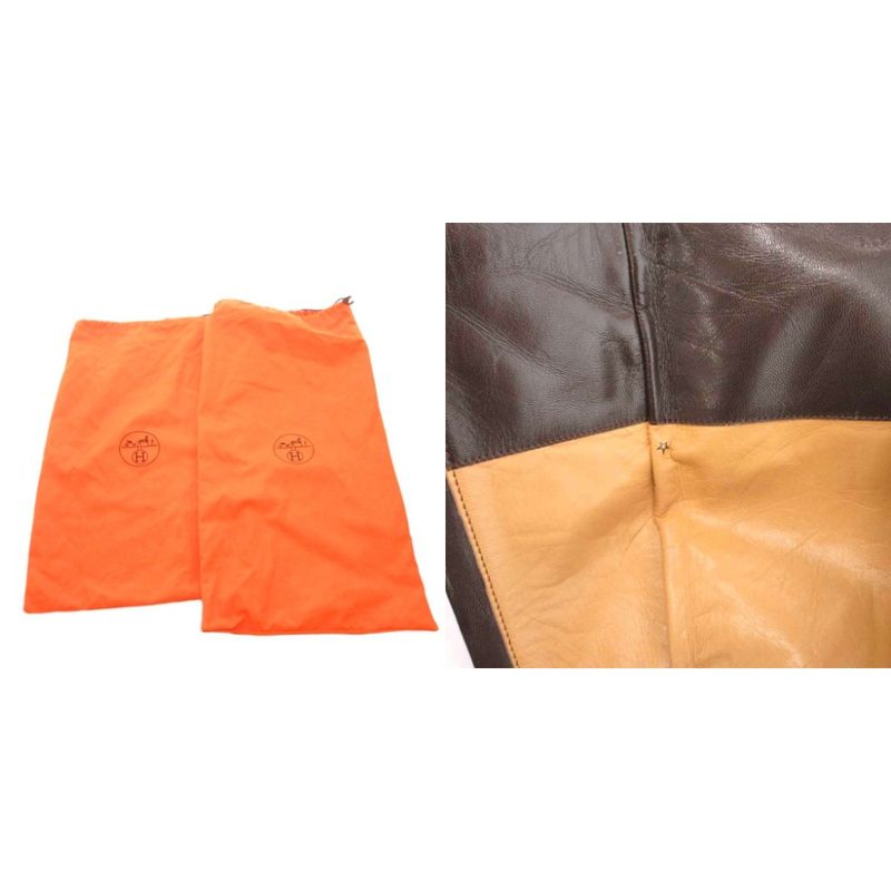 Hermes Long Boots Suede Contrast Leather Side Zip Camel YJ