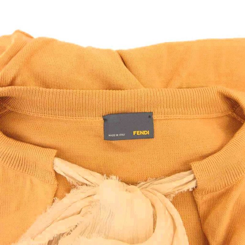 Fendi Knit Dress Silk Ribbon Bowtie Short Sleeve Knee Length 40 Mustard