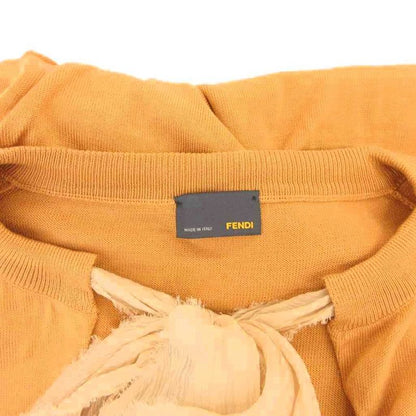 Fendi Knit Dress Silk Ribbon Bowtie Short Sleeve Knee Length 40 Mustard