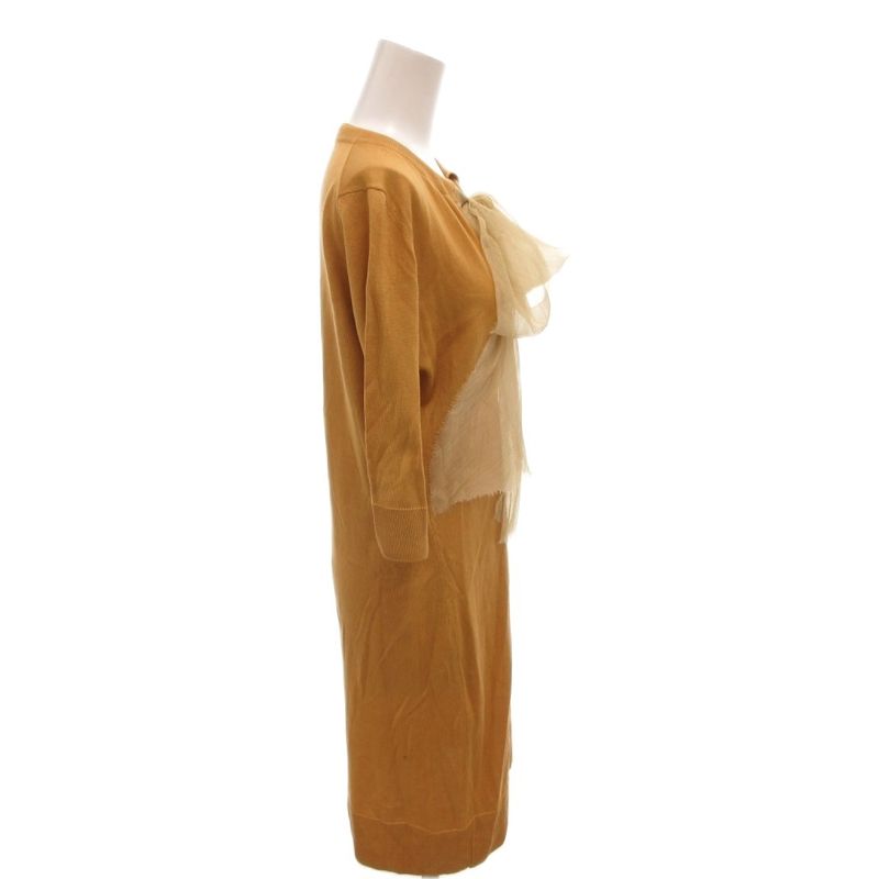 Fendi Knit Dress Silk Ribbon Bowtie Short Sleeve Knee Length 40 Mustard