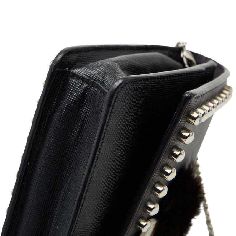 Fendi Carlito Studded Chain Wallet Shoulder Bag Black Leather