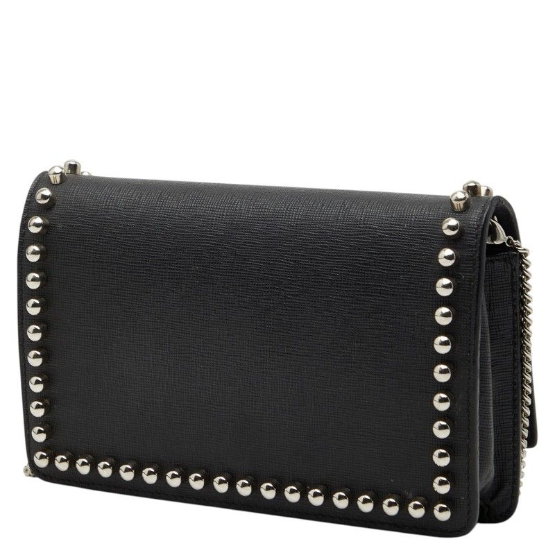 Fendi Carlito Studded Chain Wallet Shoulder Bag Black Leather
