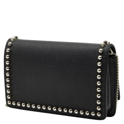 Fendi Carlito Studded Chain Wallet Shoulder Bag Black Leather