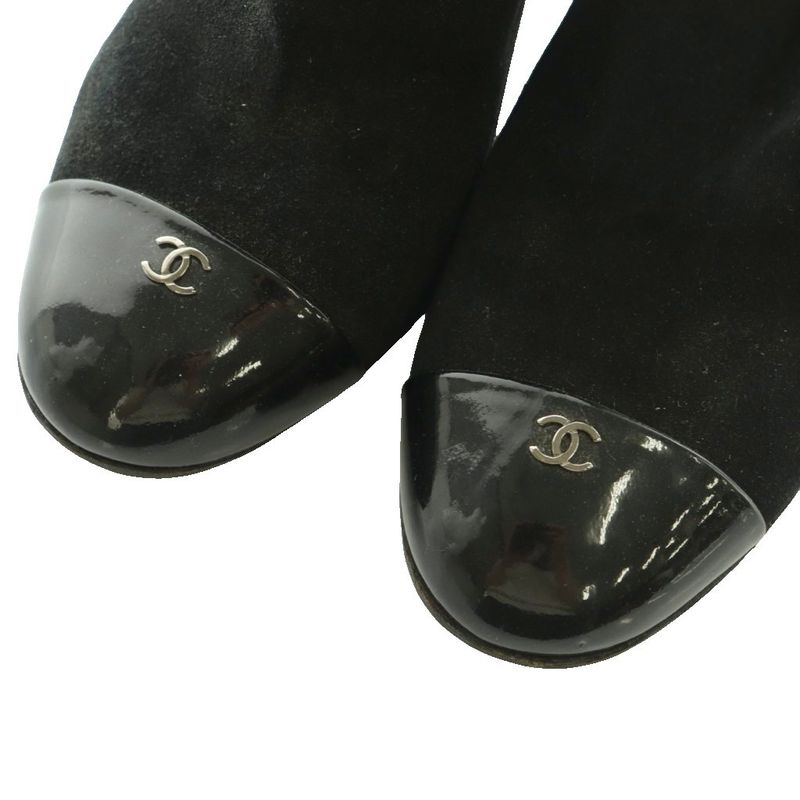 Chanel Bootie Suede Cap Toe CC Logo Side Gore 37C Black