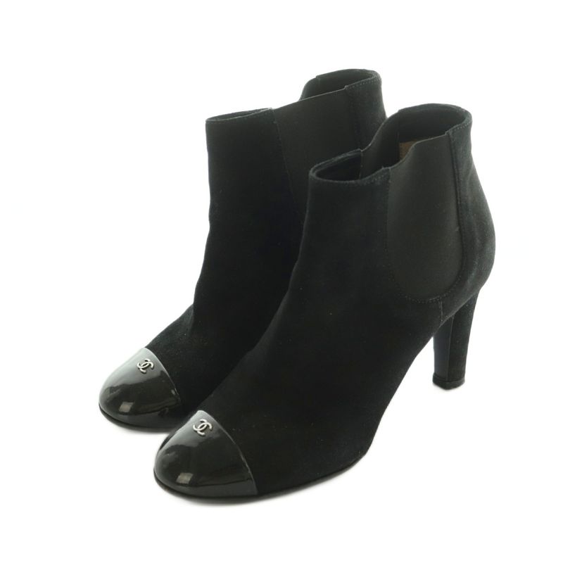 Chanel Bootie Suede Cap Toe CC Logo Side Gore 37C Black