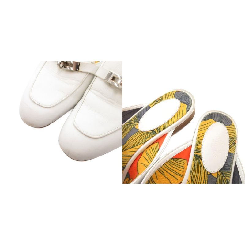 Hermes Oz Sandals Mule Shoes Kelly Buckle 38 White Yellow YJ
