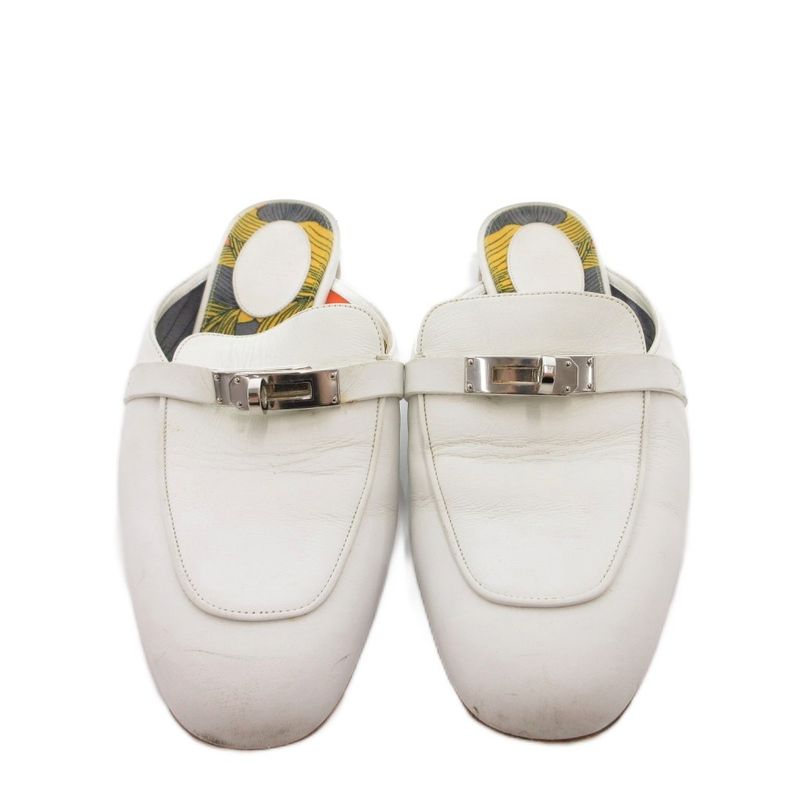 Hermes Oz Sandals Mule Shoes Kelly Buckle 38 White Yellow YJ