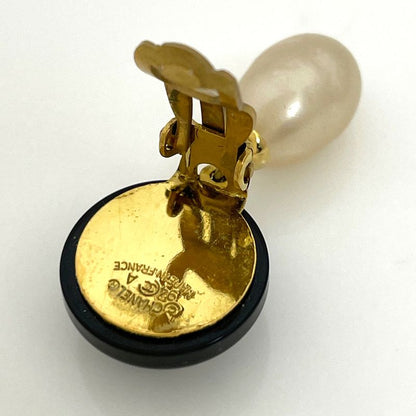 Chanel CC Logo Faux Pearl Earrings Swing Plastic Gold Black