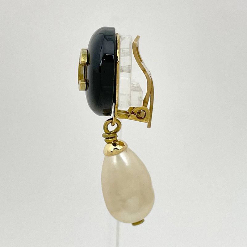 Chanel CC Logo Faux Pearl Earrings Swing Plastic Gold Black