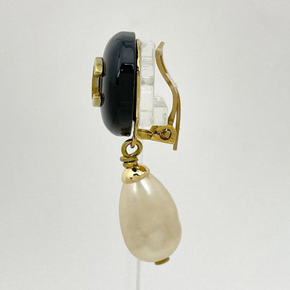 Chanel CC Logo Faux Pearl Earrings Swing Plastic Gold Black