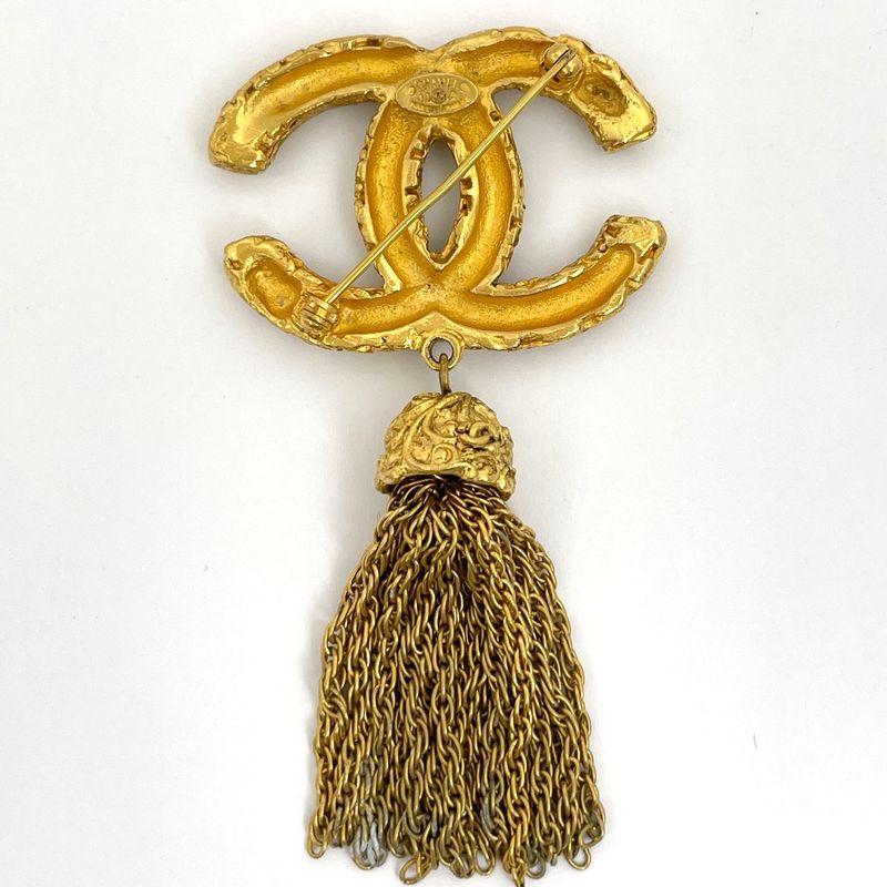 Chanel CC Logo Brooch Tassel Fringe Gold Plated