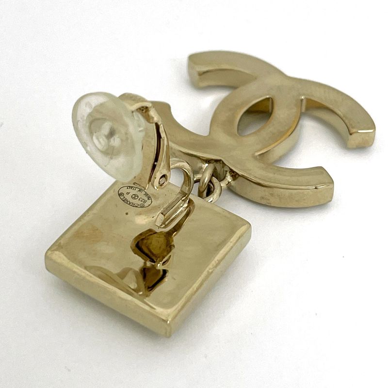 Chanel CC Logo Rhinestone Earrings Swing Gold Plated