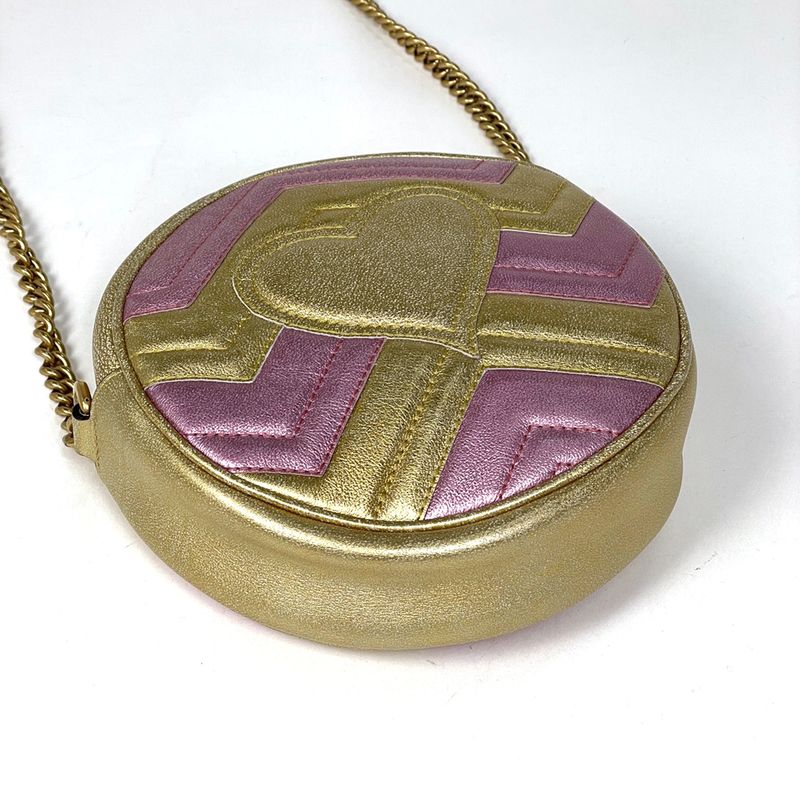 Gucci GG Marmont Round Mini Chain Shoulder Bag Double Gold Pink
