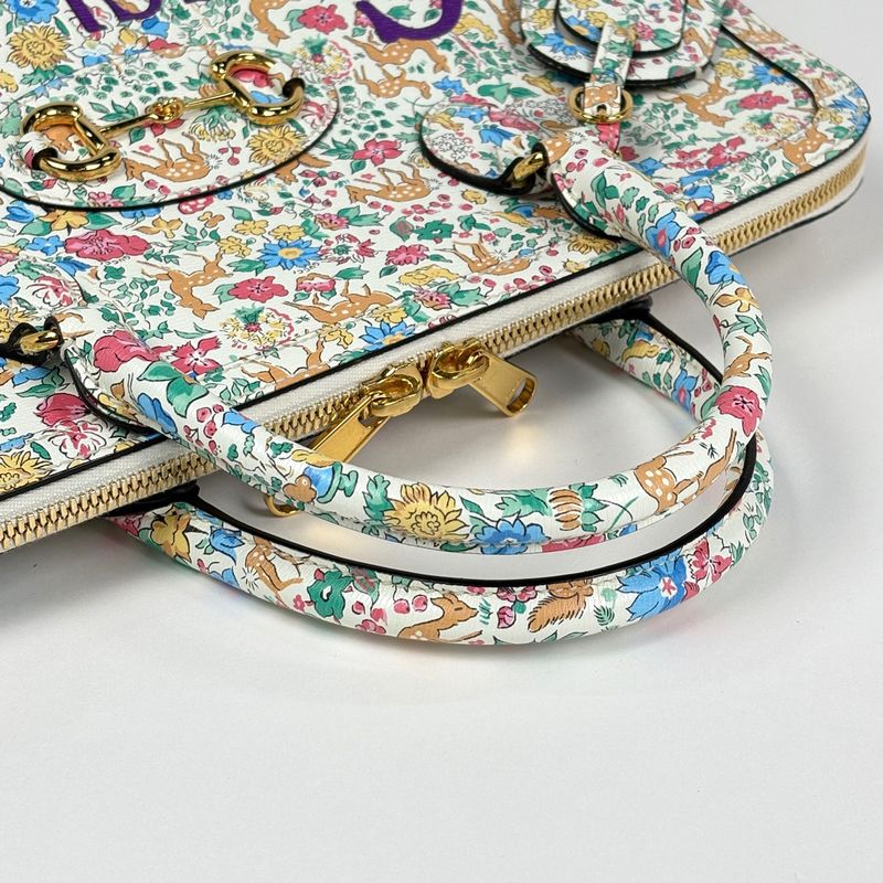 Gucci Horsebit Duffle Handbag Liberty Flower Animal Pattern 2-Way Ivory - Purple Multicolor